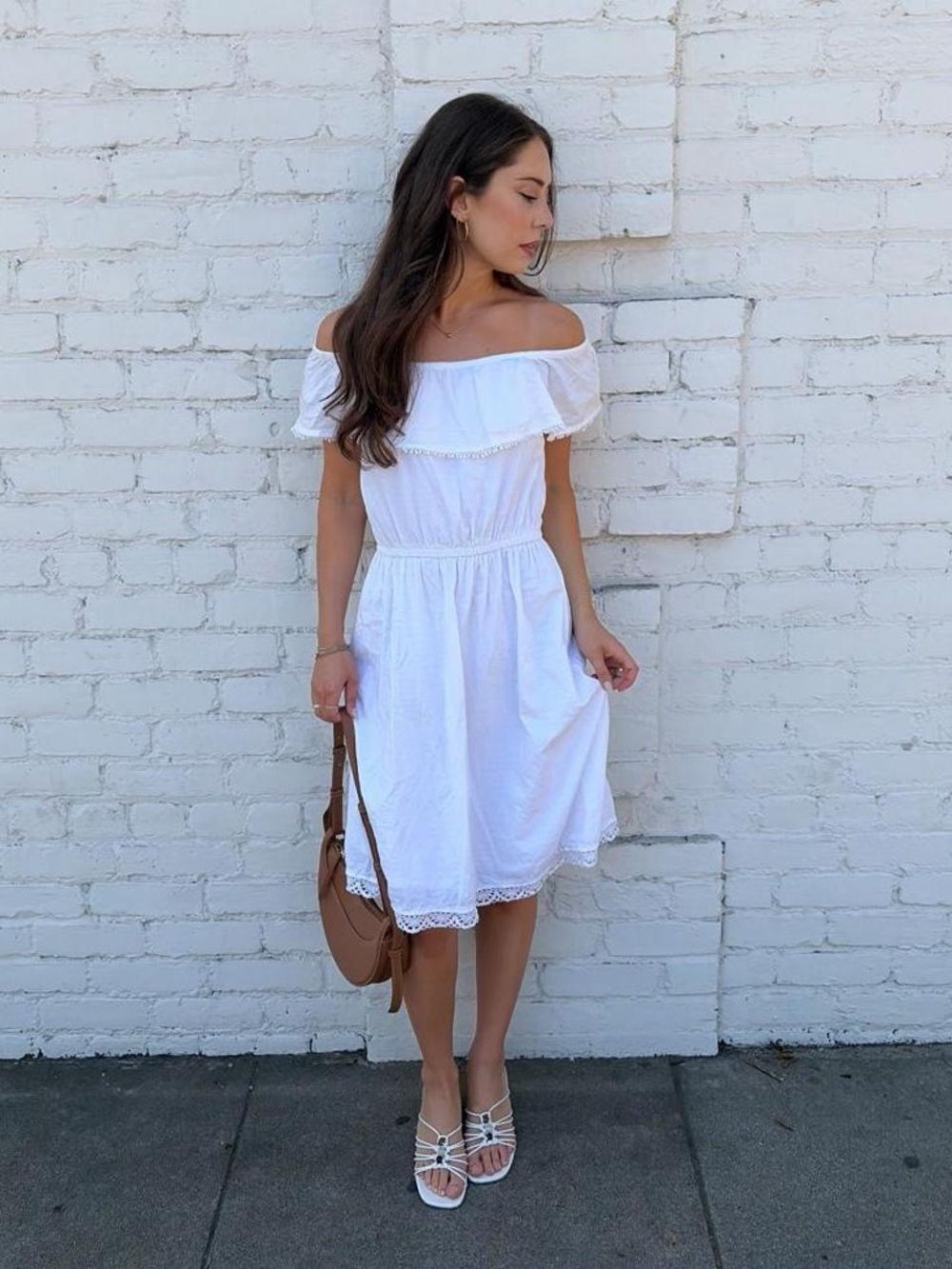 Faded Glory bohemian white cotton off the shoulder dress with lace trim sz S #fa